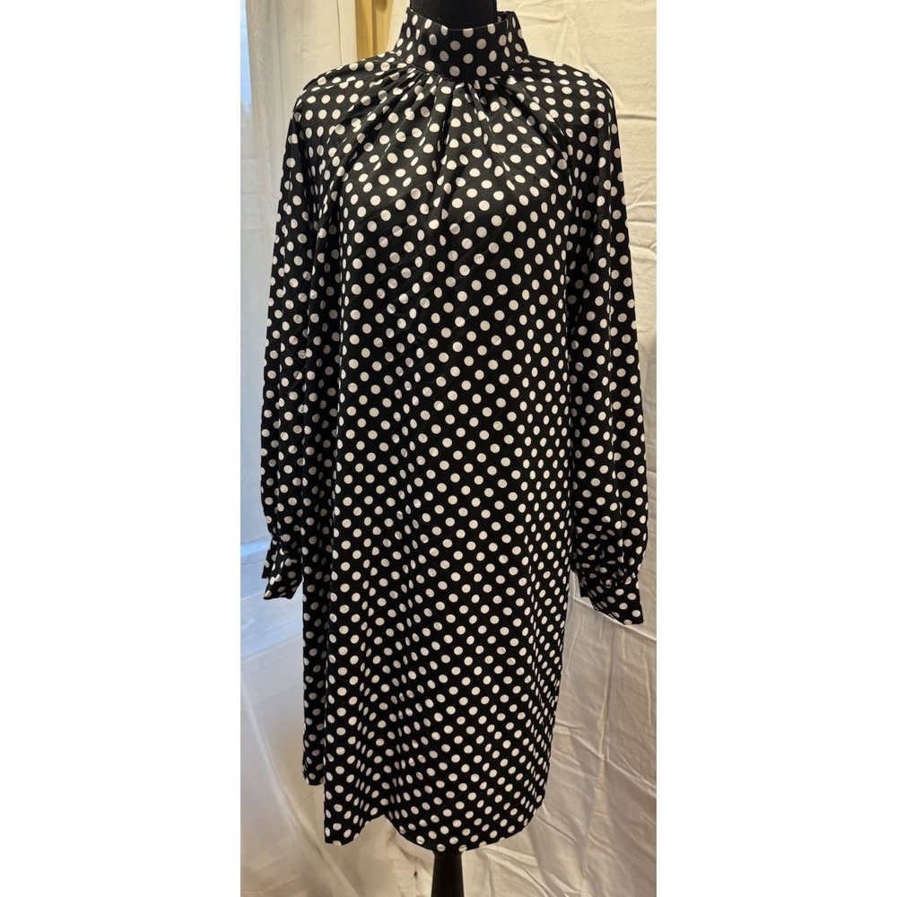 Women's Black White Polka Dot Mock Neck Long Sleeve Shift Knee Dress L/XL - Picture 5 of 6
